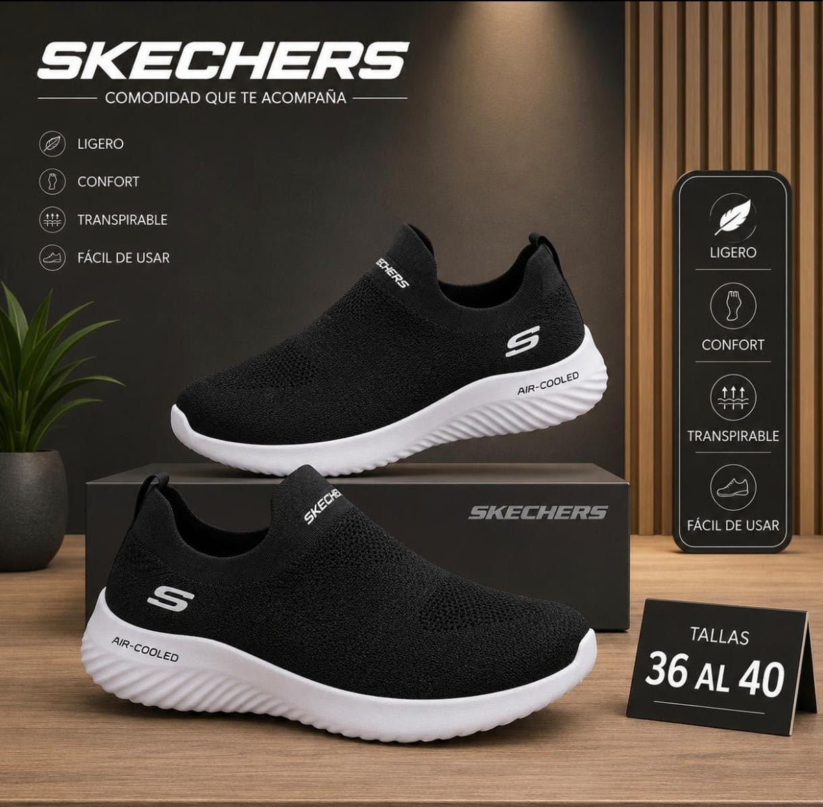 Skechers NEGRO-BLANCO SIN CORDONES