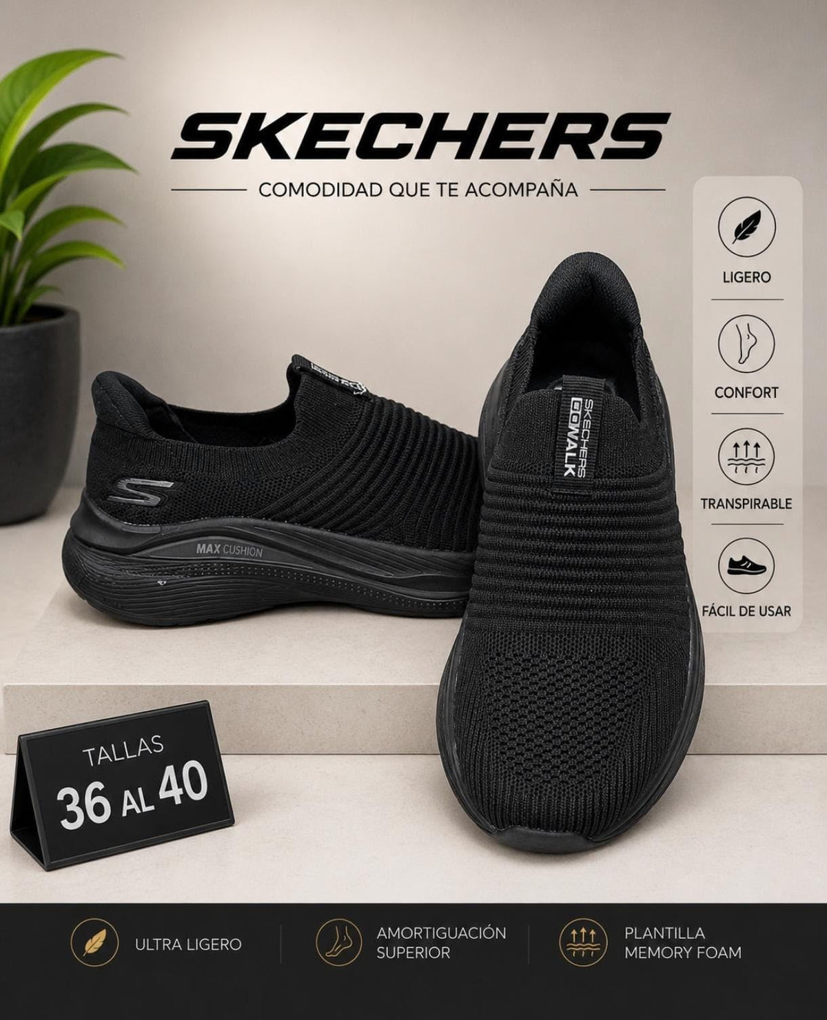 Skechers NEGRO SIN CORDONES